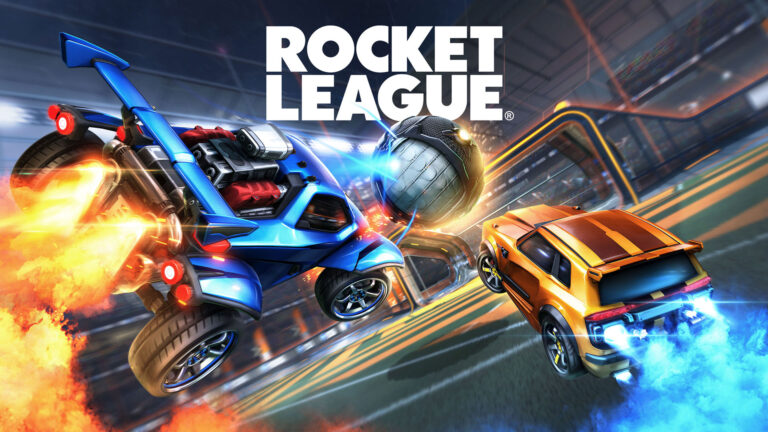 Rocket League gameplay image showing cars playing soccer.